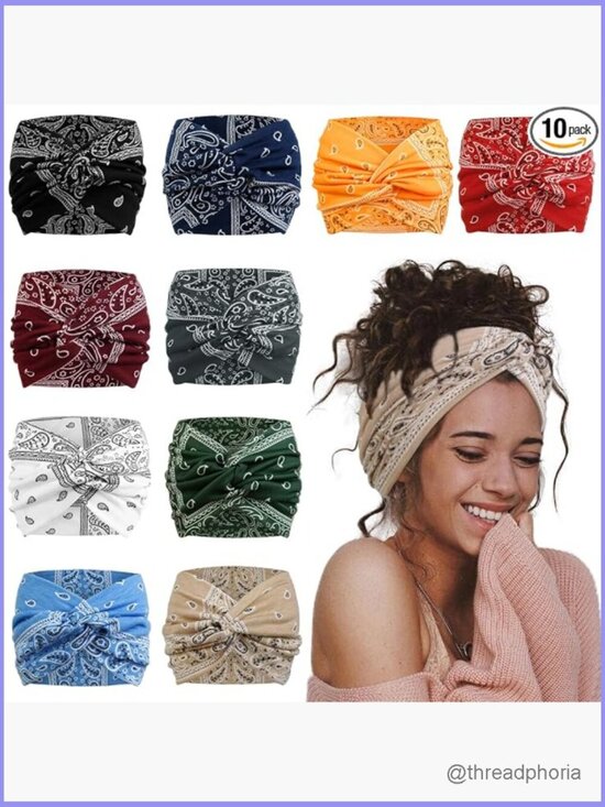 7\'\' Wide Knot Headbands Pack of 10 - Non Slip Boho Paisley Turban Hair Wrap